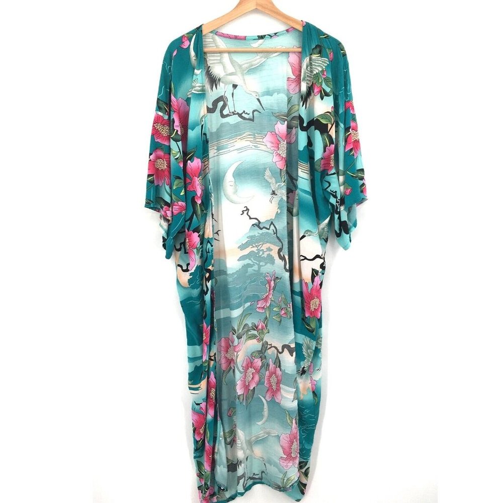 Hawaiian style open front long kimono dressing robe boho festival 100% Rayon OS